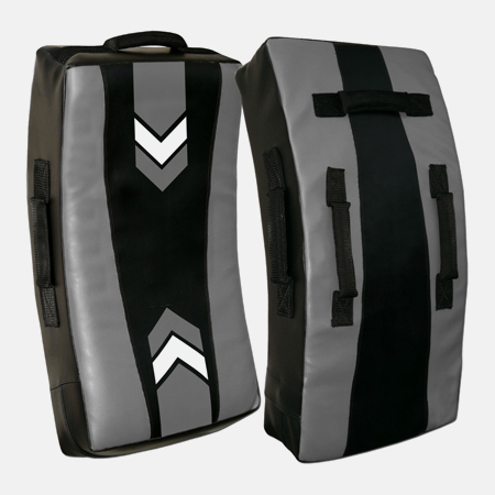 Grey and Black Curved Kick Shield with White Chevron Graphics and Multiple Grip Handles